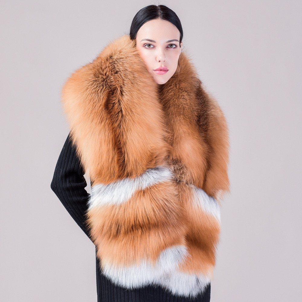 Foxy Elegance Full-Length Fox Fur Shawl with Oversized Collar for